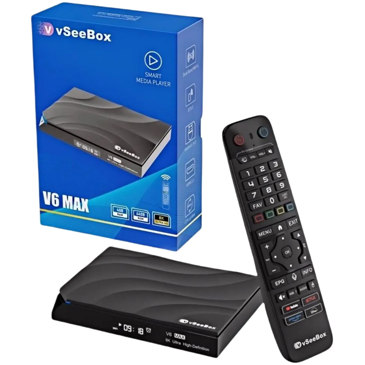 vSeeBox V6 Max: Specs, AV1 Support and Price (2026 Review) vSeeBox V6 Max Android 14 streaming media player with backlit Bluetooth voice remote and retail box (Amlogic 905Y4, 4GB RAM, 64GB storage)