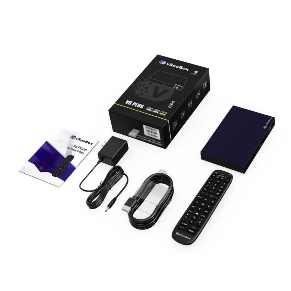 vSeeBox V6 Plus Android 14 TV box unboxed with backlit remote, HDMI cable, power adapter and retail box (Amlogic 905Y5, 4GB RAM, 64GB storage)