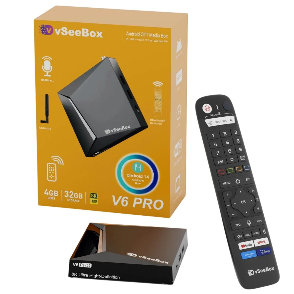 vSeeBox V6 Pro: Specs, Voice Remote and Price (2026 Review) vSeeBox V6 Pro Android 14 streaming box with Bluetooth voice remote, external WiFi antenna and retail box (Allwinner H618, 4GB RAM, 32GB storage)